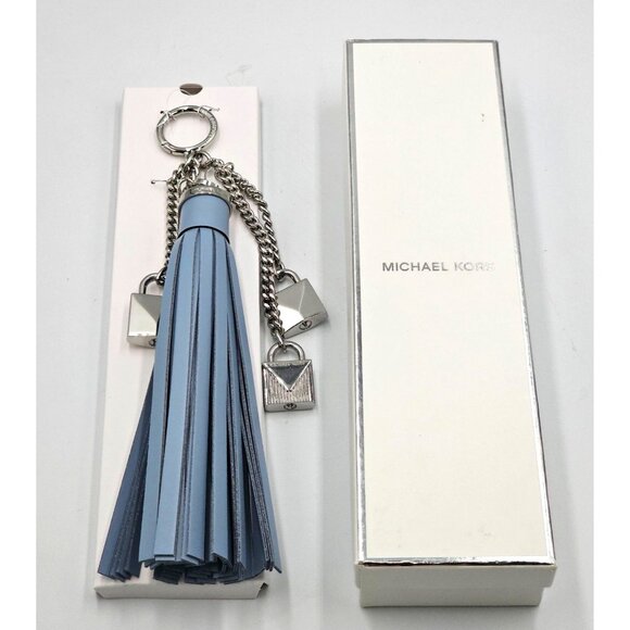 NWB Michael Kors Mercer Lock Tassel Key Charm Leather Pale Blue 2857 - Picture 1 of 8